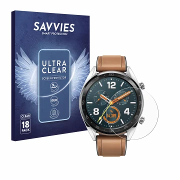 Parte frontale di una confezione del prodotto con il logo del marchio Savvies. Accanto è raffigurato il dispositivo Huawei Wat