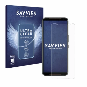Parte frontale di una confezione del prodotto con il logo del marchio Savvies. Accanto è raffigurato il dispositivo ASUS ROG P