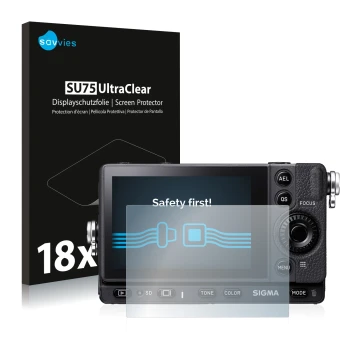 Parte frontale di una confezione del prodotto con il logo del marchio Savvies. Accanto è raffigurato il dispositivo Sigma FP c