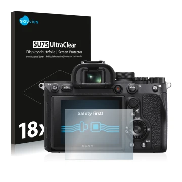 Parte frontale di una confezione del prodotto con il logo del marchio Savvies. Accanto è raffigurato il dispositivo Sony Alpha