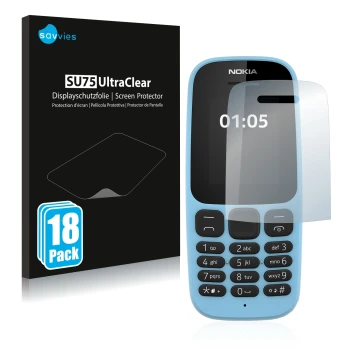 Parte frontale di una confezione del prodotto con il logo del marchio Savvies. Accanto è raffigurato il dispositivo Nokia 105 