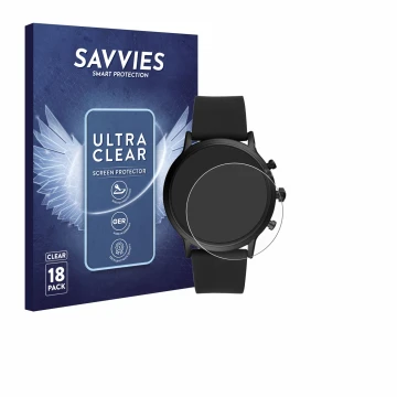 Parte frontale di una confezione del prodotto con il logo del marchio Savvies. Accanto è raffigurato il dispositivo Fossil The