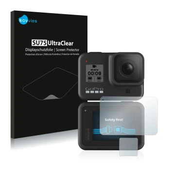 Parte frontale di una confezione del prodotto con il logo del marchio Savvies. Accanto è raffigurato il dispositivo GoPro Hero