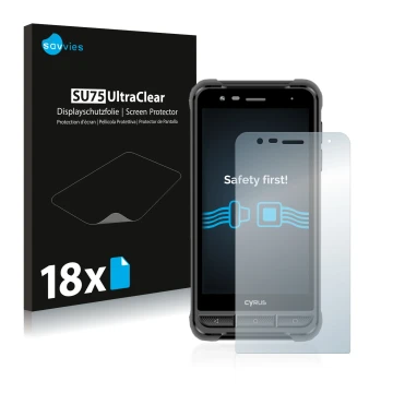 Parte frontale di una confezione del prodotto con il logo del marchio Savvies. Accanto è raffigurato il dispositivo Cyrus CS22