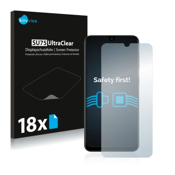 Parte frontale di una confezione del prodotto con il logo del marchio Savvies. Accanto è raffigurato il dispositivo Samsung Ga