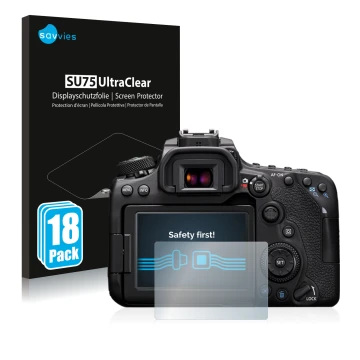 Parte frontale di una confezione del prodotto con il logo del marchio Savvies. Accanto è raffigurato il dispositivo Canon EOS 