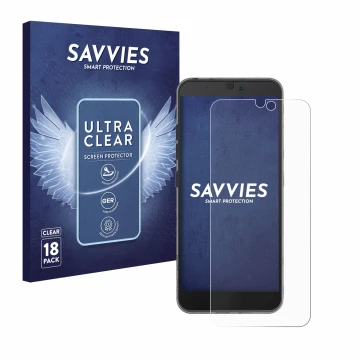 Parte frontale di una confezione del prodotto con il logo del marchio Savvies. Accanto è raffigurato il dispositivo Fairphone 