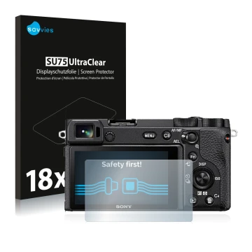 Parte frontale di una confezione del prodotto con il logo del marchio Savvies. Accanto è raffigurato il dispositivo Sony Alpha