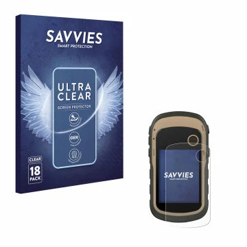 Parte frontale di una confezione del prodotto con il logo del marchio Savvies. Accanto è raffigurato il dispositivo Garmin eTr