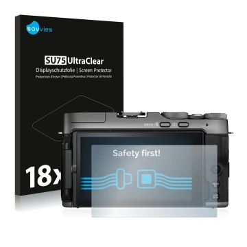 Parte frontale di una confezione del prodotto con il logo del marchio Savvies. Accanto è raffigurato il dispositivo Fujifilm X