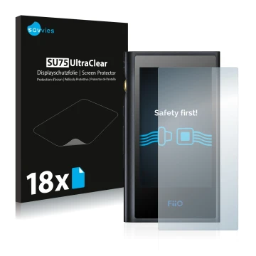 Parte frontale di una confezione del prodotto con il logo del marchio Savvies. Accanto è raffigurato il dispositivo FiiO M9 co