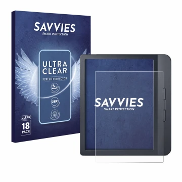 Parte frontale di una confezione del prodotto con il logo del marchio Savvies. Accanto è raffigurato il dispositivo Kobo Libra