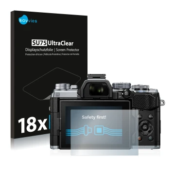 Parte frontale di una confezione del prodotto con il logo del marchio Savvies. Accanto è raffigurato il dispositivo Olympus OM