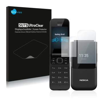 Parte frontale di una confezione del prodotto con il logo del marchio Savvies. Accanto è raffigurato il dispositivo Nokia 2720