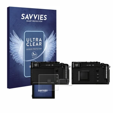 Parte frontale di una confezione del prodotto con il logo del marchio Savvies. Accanto è raffigurato il dispositivo Fujifilm X