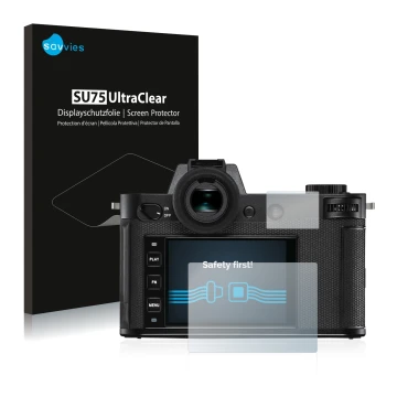 Parte frontale di una confezione del prodotto con il logo del marchio Savvies. Accanto è raffigurato il dispositivo Leica SL2 