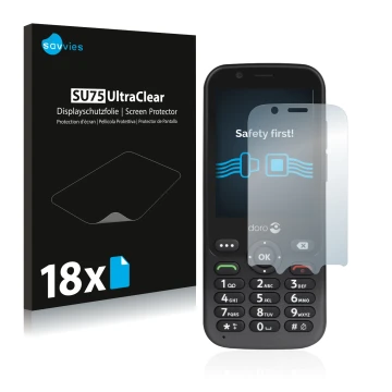 Parte frontale di una confezione del prodotto con il logo del marchio Savvies. Accanto è raffigurato il dispositivo Doro 7010 