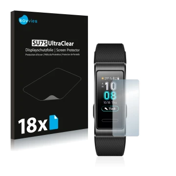 Parte frontale di una confezione del prodotto con il logo del marchio Savvies. Accanto è raffigurato il dispositivo Huawei Ban