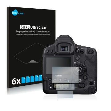 Parte frontale di una confezione del prodotto con il logo del marchio Savvies. Accanto è raffigurato il dispositivo Canon EOS 