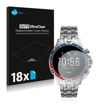 Parte frontale di una confezione del prodotto con il logo del marchio Savvies. Accanto è raffigurato il dispositivo Fossil Gar