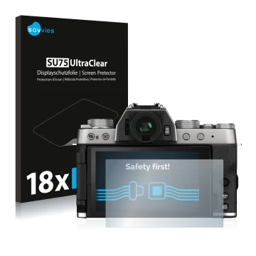 Parte frontale di una confezione del prodotto con il logo del marchio Savvies. Accanto è raffigurato il dispositivo Fujifilm X