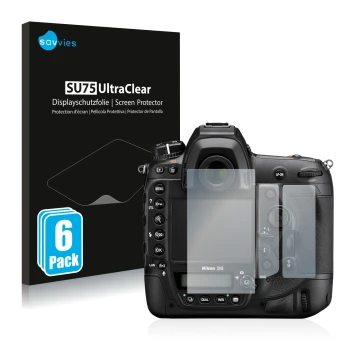 Parte frontale di una confezione del prodotto con il logo del marchio Savvies. Accanto è raffigurato il dispositivo Nikon D6 c