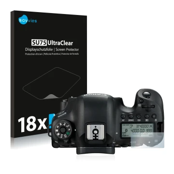 Parte frontale di una confezione del prodotto con il logo del marchio Savvies. Accanto è raffigurato il dispositivo Canon EOS 