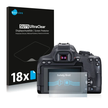 Parte frontale di una confezione del prodotto con il logo del marchio Savvies. Accanto è raffigurato il dispositivo Canon EOS 