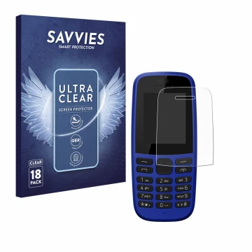 Parte frontale di una confezione del prodotto con il logo del marchio Savvies. Accanto è raffigurato il dispositivo Nokia 105 
