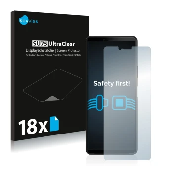 Parte frontale di una confezione del prodotto con il logo del marchio Savvies. Accanto è raffigurato il dispositivo Sony Xperi