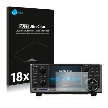 Parte frontale di una confezione del prodotto con il logo del marchio Savvies. Accanto è raffigurato il dispositivo Icom IC-R8