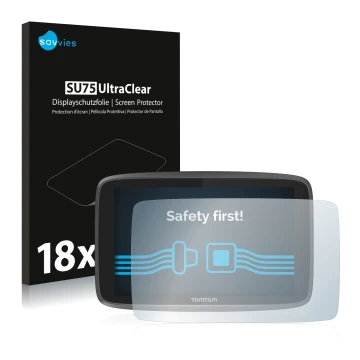 Parte frontale di una confezione del prodotto con il logo del marchio Savvies. Accanto è raffigurato il dispositivo TomTom Go 