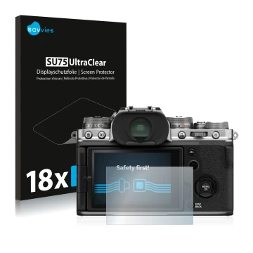 Parte frontale di una confezione del prodotto con il logo del marchio Savvies. Accanto è raffigurato il dispositivo Fujifilm X