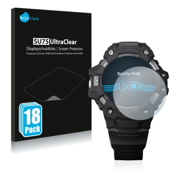 Parte frontale di una confezione del prodotto con il logo del marchio Savvies. Accanto è raffigurato il dispositivo Casio G-Sh