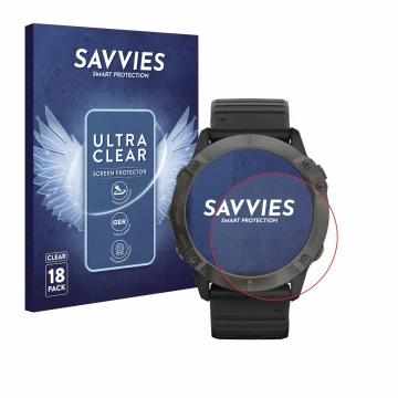 Parte frontale di una confezione del prodotto con il logo del marchio Savvies. Accanto è raffigurato il dispositivo Garmin Fen