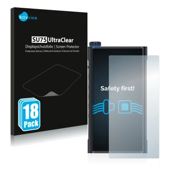 Parte frontale di una confezione del prodotto con il logo del marchio Savvies. Accanto è raffigurato il dispositivo FiiO M15 c