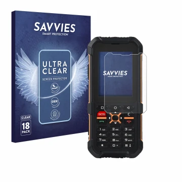 Parte frontale di una confezione del prodotto con il logo del marchio Savvies. Accanto è raffigurato il dispositivo RugGear RG