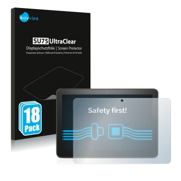 Parte frontale di una confezione del prodotto con il logo del marchio Savvies. Accanto è raffigurato il dispositivo Amazon Fir