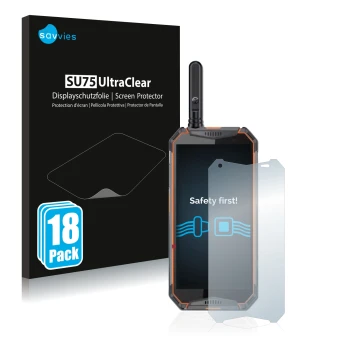 Parte frontale di una confezione del prodotto con il logo del marchio Savvies. Accanto è raffigurato il dispositivo Ulefone Ar