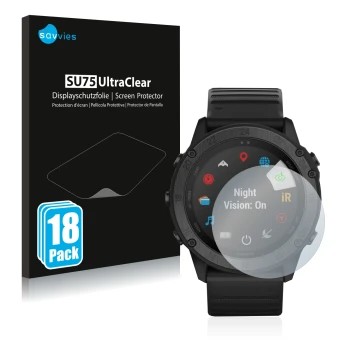 Parte frontale di una confezione del prodotto con il logo del marchio Savvies. Accanto è raffigurato il dispositivo Garmin Tac