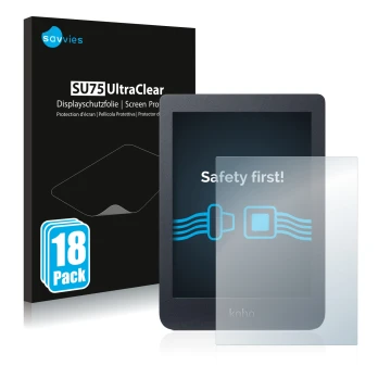 Parte frontale di una confezione del prodotto con il logo del marchio Savvies. Accanto è raffigurato il dispositivo Kobo Nia c