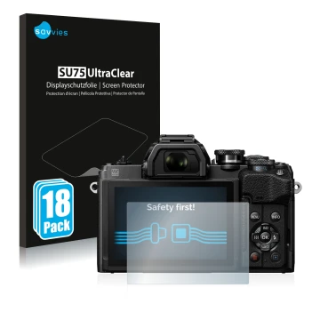 Parte frontale di una confezione del prodotto con il logo del marchio Savvies. Accanto è raffigurato il dispositivo Olympus OM