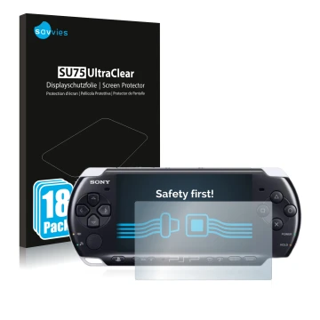 Parte frontale di una confezione del prodotto con il logo del marchio Savvies. Accanto è raffigurato il dispositivo Sony PSP 3