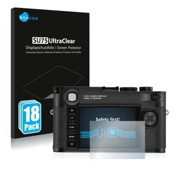 Parte frontale di una confezione del prodotto con il logo del marchio Savvies. Accanto è raffigurato il dispositivo Leica M10-