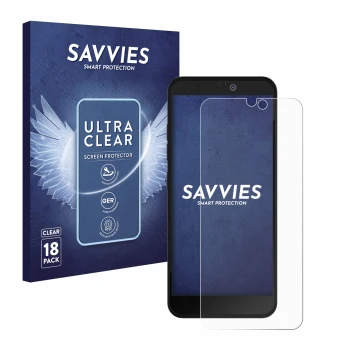 Parte frontale di una confezione del prodotto con il logo del marchio Savvies. Accanto è raffigurato il dispositivo Fairphone 