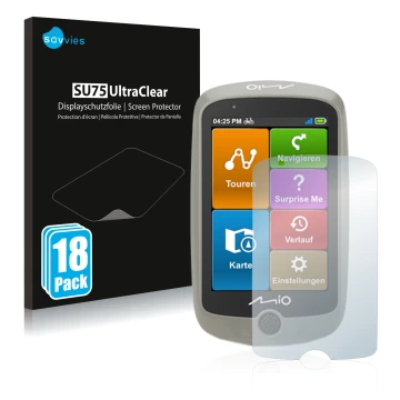 Parte frontale di una confezione del prodotto con il logo del marchio Savvies. Accanto è raffigurato il dispositivo Mitac Mio 