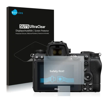 Parte frontale di una confezione del prodotto con il logo del marchio Savvies. Accanto è raffigurato il dispositivo Nikon Z 7 