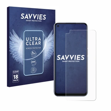 Parte frontale di una confezione del prodotto con il logo del marchio Savvies. Accanto è raffigurato il dispositivo realme Q2 