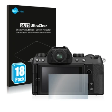 Parte frontale di una confezione del prodotto con il logo del marchio Savvies. Accanto è raffigurato il dispositivo Fujifilm X