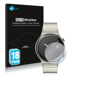 Parte frontale di una confezione del prodotto con il logo del marchio Savvies. Accanto è raffigurato il dispositivo Huawei Wat